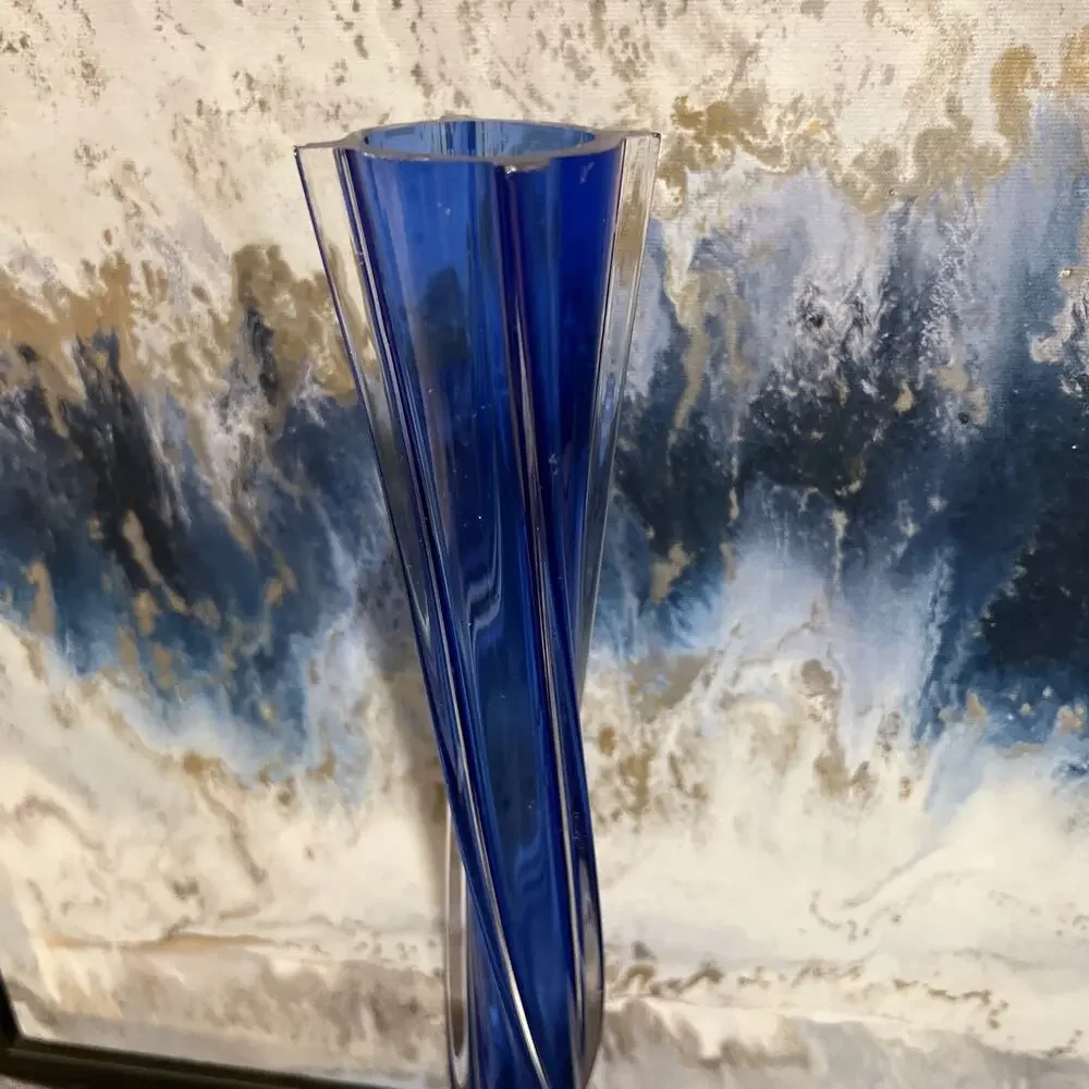 Vintage Cobalt Blue Glass Tall Vase 13.5”